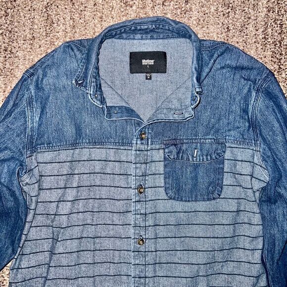 Lifetime Collective Uniform Standard Men's Denim Striped Button Down Long Sleeve - Picture 9 of 11